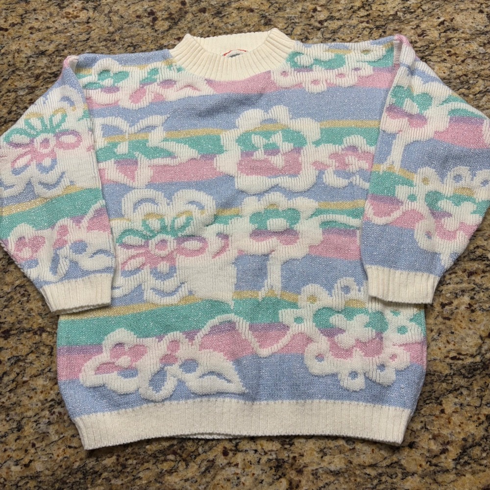 Vintage Pastel Floral Metallic Knit Sweater Crew Neck Blue Pink Lurex Sparkle v